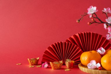 Zengin sembolizmi: feng shui sembolleri, altın sikkeler, mandalinalar, sakura çiçekleri ve vantilatörlerle yan görüş masası. Kırmızı arkaplan, metin veya reklam için çarpıcı bir arkaplan görevi görüyor