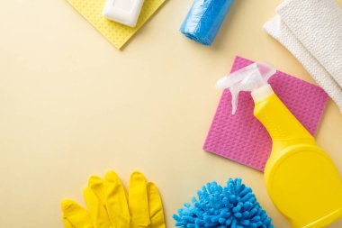 Temizlik ritüelini arttır. Lastik eldivenler, süngerler, ince bir bej arka planda deterjanlar. Metin veya reklam iletileri için geniş alan