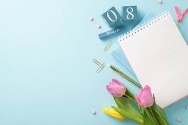 Zarif Çalışma Alanı: İş dünyasında Kadınlar Günü 'nü tarz ile kucaklayın. Pastel mavi tuval üzerinde 8 Mart 'ta bir küp takvim, defterler, kalemler, klipler ve laleler içeren ofis tablosu ayarlarının üst görüntüsü
