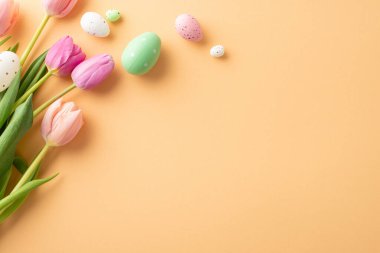 Bahar Kutlama Topluluğu: Parlak Paskalya yumurtaları, turuncu pastel renkte canlı laleler içeren büyüleyici bir düzenleme. Nisan mesajlarınızı ya da terfilerinizi iletmek için geniş bir alan