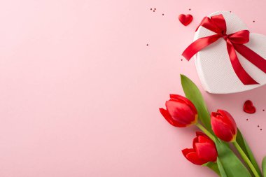 Mükemmel bir bayana yakışır kutlama tasarımı. Kalp şeklindeki paketin üst görüntüsü, kurdele, sim, kalp kesikleri, ve soluk pembe bir tuval üzerinde taze lale çiçekleri, kelimeler ve reklamlar için yer var.