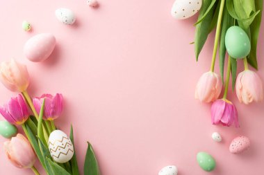 Eggstravaganza Ekranı: Canlı yumurtaların sergilendiği üstteki fotoğraf ve pastel pembe bir arka planda çiçek açan laleler. Davet eden boş bir çerçeve metin veya tanıtım mesajınızı bekliyor