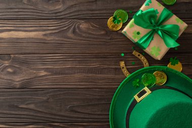 Efsunlu St. Patrick 's kurulumu, üst görünüm yoncaları, yeşil silindir şapka, altın paralar, hediye, şanslı bir at nalı ve simler, hepsi mesajınız için ahşap bir yüzeye serilmiş.
