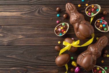 Bayramlık Paskalya tatlıları sergisi. En üstteki fotoğrafta çikolatalı yumurtalar, içinde renkli şekerler ve ahşap bir arka planda bir çikolata tavşanı ve kurdele var. Kelimeler ya da reklamlar için yeri var.