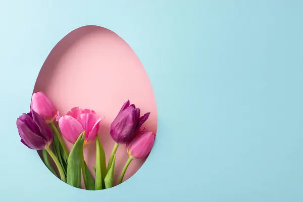 Sweet Easter arrangement seen from top view, featuring lush pink tulips, appearing from an oval aperture on a light blue background, with a blank area for personalized greetings