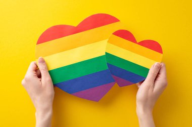 Bu birinci şahıs görüntüsü aşk ve birliğin özünü yakalar, LGBT Tarihi Ayı onuruna, kadının ellerinde tutulan gökkuşağı kalp şeklinde kartlarla birlikte.