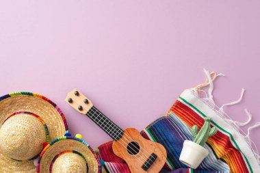 Cinco de Mayo aranjmanı. Temsili eşyaların genel görüntüsü: şapkalar, bir vihuela, tencerede kaktüs, çok renkli serape, hepsi soluk mor bir tuval üzerinde, mesaj için yer var.