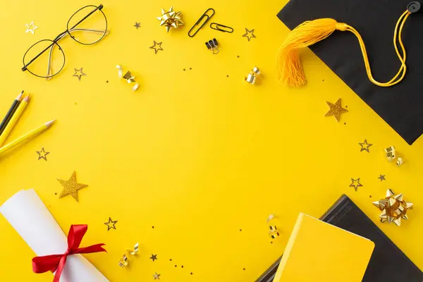 stock image Capture the essence of graduation with top-view shot featuring graduation cap, diploma with bow, stationery, books, pencils, glasses, confetti, tinsel on yellow backdrop. Ideal for greetings or ads