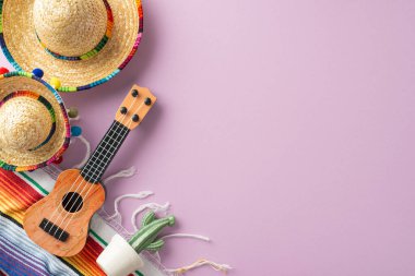 Cinco de Mayo teması. Tepede neşeli öğeler yer almaktadır: sombreros, kaktüs, yumuşak mor arkaplan üzerinde renkli serape, metin için boşluk bırakarak