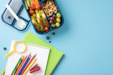 Sağlıklı bir okul çantasının, not defterinin ve mavi arka planda sıralanmış renkli kalemlerin üst görüntüsü.