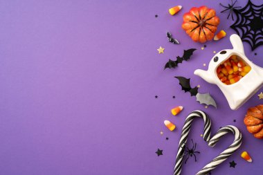 Cadılar Bayramı süslemelerinin en üst görüntüsü, şeker, hayalet, yarasalar ve balkabakları gibi mor bir arka planda neşeli bir Cadılar Bayramı sahnesi yaratmak.