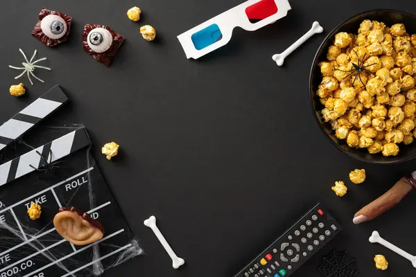 stock image A Halloween-themed setup for watching horror movies featuring popcorn, spooky treats, a film clapper, and remote control