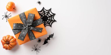 Beyaz arka planda örümcekler, yarasalar ve balkabakları gibi cadılar bayramı dekorasyonlarıyla çevrili siyah örümcek kurdeleli turuncu hediye kutusu.