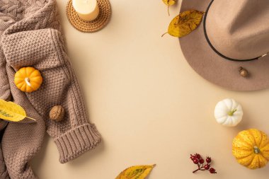 Sıcak sonbahar sahnesinde örülmüş bir süveter, şık bir şapka, küçük balkabakları ve tarafsız bir arkaplanda düşen yapraklar.