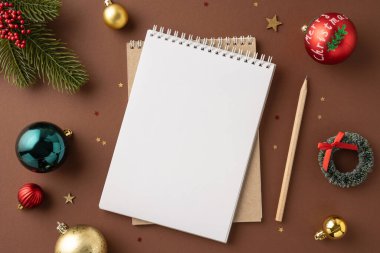 Noel süsleriyle çevrili boş bir defter, tatil planlama için mükemmel bir yer ve rahat bir tatil ortamında yeni yıl kararları.