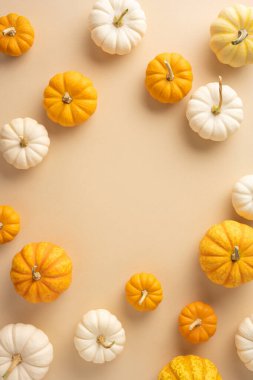 Turuncu ve beyaz balkabaklarının üst görünümü yumuşak bir pastel bej arka planda düzenlenmiş, sonbahar ve hasat temaları çağrıştırıyor