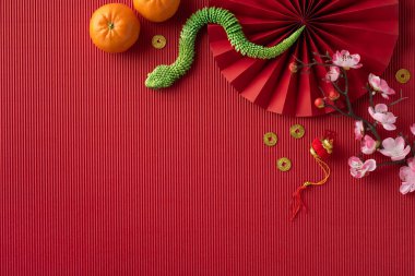 Portakallar, altın sikkeler ve kiraz çiçekleri de dahil olmak üzere geleneksel Çin Yeni Yıl ürünlerinin güzel düzenlemeleri, refahı ve iyi talihi simgeliyor.