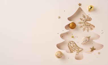 Altın süslemeler ve şenlik unsurlarıyla süslenmiş sofistike Noel ağacı kesimi zarif bir bayram teması yaratıyor. Mutlu Noeller ve yeni yıl kutlamaları için mükemmel.