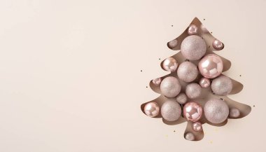 Yumuşak bir bej arka planda parıldayan mücevherlerle dolu şık bir Noel ağacı şekli, şenlikli ve zarif bir tatil hissi yakalıyor.