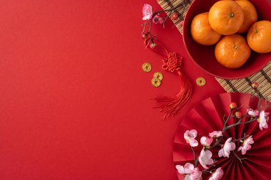 Portakalların, kırmızı süslemelerin ve kırmızı arka planda kiraz çiçeklerinin yer aldığı, refah ve neşeyi simgeleyen, neşeli Çin Yeni Yılı sahnesi.