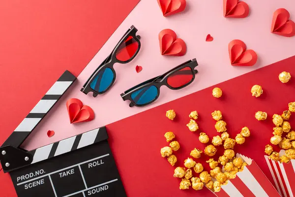 3D bardaklar, patlamış mısır ve kağıt kalplerin yer aldığı romantik bir film gecesi için yaratıcı bir düzenleme. Sevgililer Günü veya randevu gecesi kutlamaları için ideal.