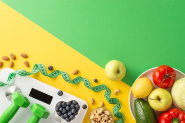 Sağlıklı gıdaların yanı sıra dengeli yemek ve sağlıklı yaşam için sağlık ekipmanları da dahil olmak üzere sağlıklı gıdaların en üst görüntüsü