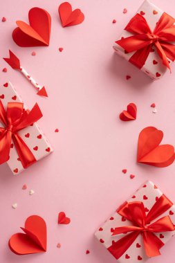 Dikey bir Sevgililer Günü hediyesi koleksiyonu kırmızı kurdelelerle süslenmiş ve kalp şeklindeki süslemelerle süslenmiş, özel durum için romantik ve şenlikli bir ortam yaratıyor.