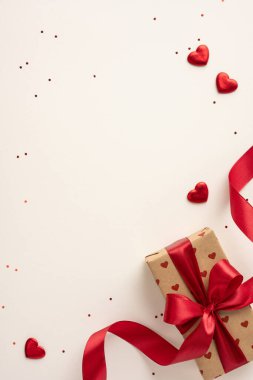 Dikey olarak sarılmış, kırmızı kurdeleli bir Sevgililer Günü hediyesi etrafı küçük kalp şekilleriyle çevrili, romantik ve şenlikli bir duygu sunuyor. Aşkı ve özel günleri kutlamak için mükemmel.