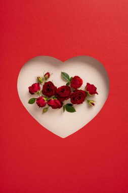 Canlı dikey kırmızı güller, aşk ve tutkuyu sembolize eden, kalp şeklinde, romantik bir görsel ortam sağlayan, yaratıcı bir şekilde düzenlenmiştir.