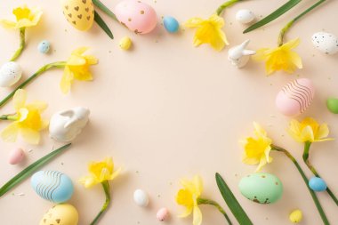 Festive composition with colorful eggs, yellow daffodils, and cute figurines, perfect for Easter decor clipart