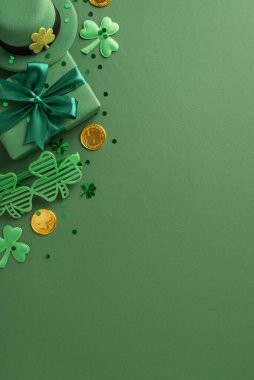 Yeşil yoncalar, leprikon şapkalar, altın paralar ve hediyeler içeren şenlikli Aziz Patrick Günü kompozisyonu