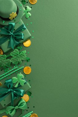Parlak yeşil hediyeler, yoncalar, şapkalar, sikkeler, kurdeleler ve yeşil arka planda düzgünce düzenlenmiş şenlikli Aziz Patrick Günü düzeni.