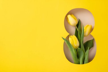 Sarı laleler, bahar ve neşeyi sembolize eden canlı sarı bir zemin üzerinde yaratıcı bir şekilde sergileniyor.