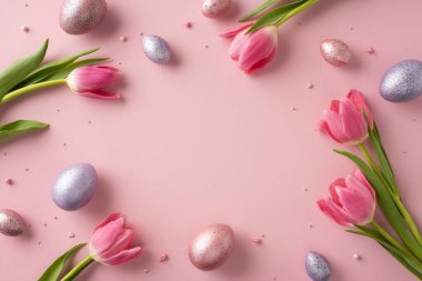 Pembe laleler ve dekoratif yumurtalar pastel pembe arka plana saçılmış. Bahar ve Paskalya kutlamaları için mükemmel ve zarif bir sahne yaratıyorlar.