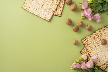 Yeşil arka planda matza, ceviz ve çiçek gibi geleneksel Hamursuz Bayramı öğelerinin düz bir görüntüsü vardı. Bu, Yahudi bayramı Pesach 'ı ve ilgili geleneklerini sembolize ediyordu.