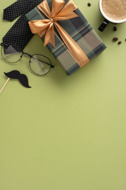 Dikey Babalar Günü hediyesinin düz yatışı. Kahve, gözlük, kravat ve aksesuarlarla donatılmış.