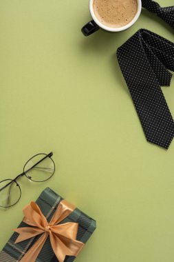 Bir fincan kahve, bardak, kravat ve yeşil arka planda bir hediye kutusunun dikey düzenlenmesi Babalar Günü 'nü kutlamak için mükemmel.