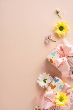 Dikey pastel arka plana yerleştirilmiş kurdeleler ve papatyalarla kaplı kalp desenli kağıtlarla sarılı hediye kutuları.