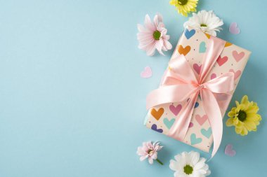 Süslü bir hediye, açık mavi arka planda papatyalarla çevrili pembe bir kurdele.