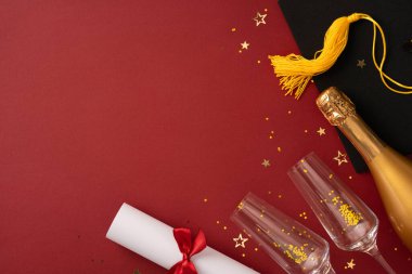 Şenlik düzenlemek için püsküllü mezuniyet şapkası, şampanya şişesi, flüt ve diploma parşömenleri parlak kırmızı bir zemine yerleştirilmiş.