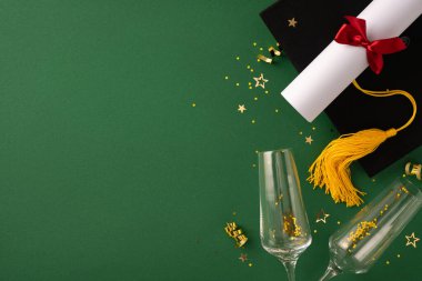 Mezuniyet şapkası, diploması ve yeşil arka planda kutlama gözlükleri içeren şenlik düzenlemesi.