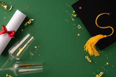 Mezuniyet şapkası, kırmızı kurdeleli diploma ve altın madalyaların arasında sergilenen şampanya kadehleri.