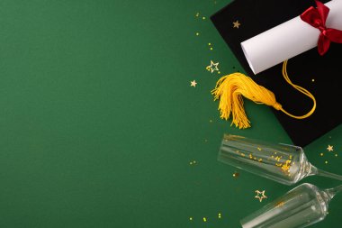 Mezuniyet temalı zarif bir daire, yeşil bir yüzey üzerinde diploma, mezuniyet şapkası ve şenlikli altın unsurlar barındırıyor.