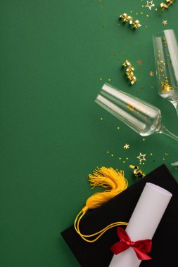 Akademik başarıyı canlı bir mezuniyet teması ile kutlayın. Şapka, diploma ve dekorasyonların yer aldığı dikey tema