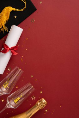 Diploma, şapka, şampanya şişesi ve kırmızı bir yüzeyde gözlük içeren mezuniyet temalı dikey görüntü. Akademik kutlamalar ve tebrikler için mükemmel.