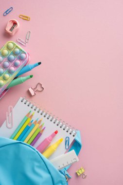 Kalemler, keçeli kalemler ve sırt çantasındaki defter de dahil olmak üzere okul için dikey malzemeler.