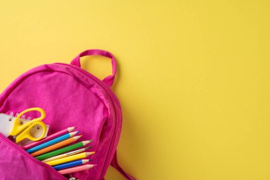 Pembe bir sırt çantasındaki renkli okul esasları yaratıcılık, öğrenme ve hazırlık anlamına gelir.