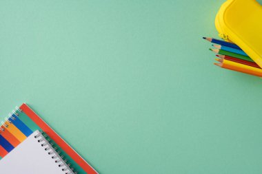 Renkli kalemler ve yeşil bir yüzey üzerinde sunulan bir defter de dahil olmak üzere parlak bir şekilde düzenlenmiş okul malzemeleri.