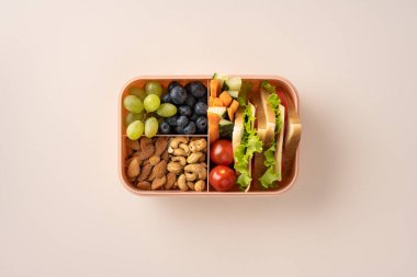 Taze meyve, sebze, fındık ve sandviçlerin olduğu bir beslenme çantası.