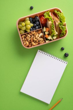 Taze yemek, kaju, böğürtlen ve not defterinin yanında bir sandviç ile birlikte dikey beslenme çantasını aç.